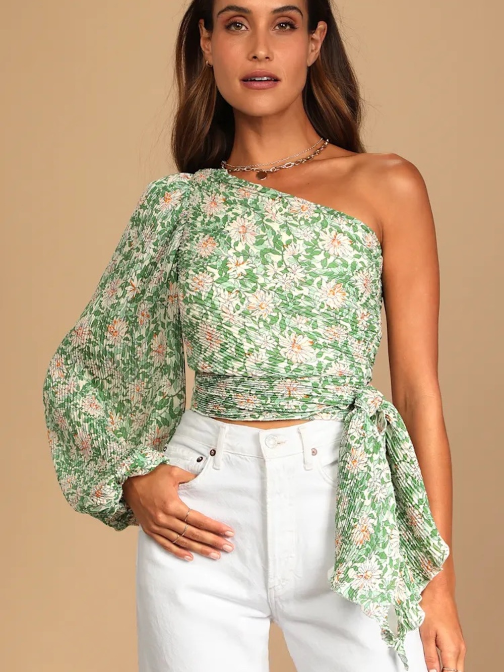 Lulu’s Green Floral Printed Pleated One Shoulder Top